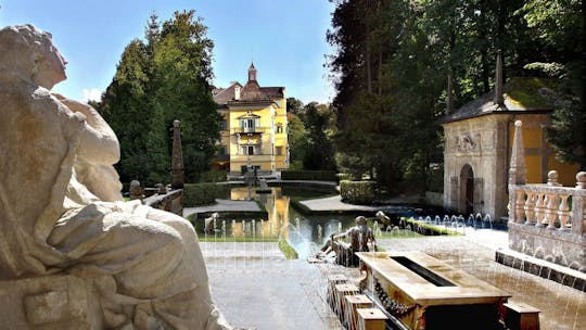 Boat trip to Hellbrunn Palace with trick fountain and London double-decker bus